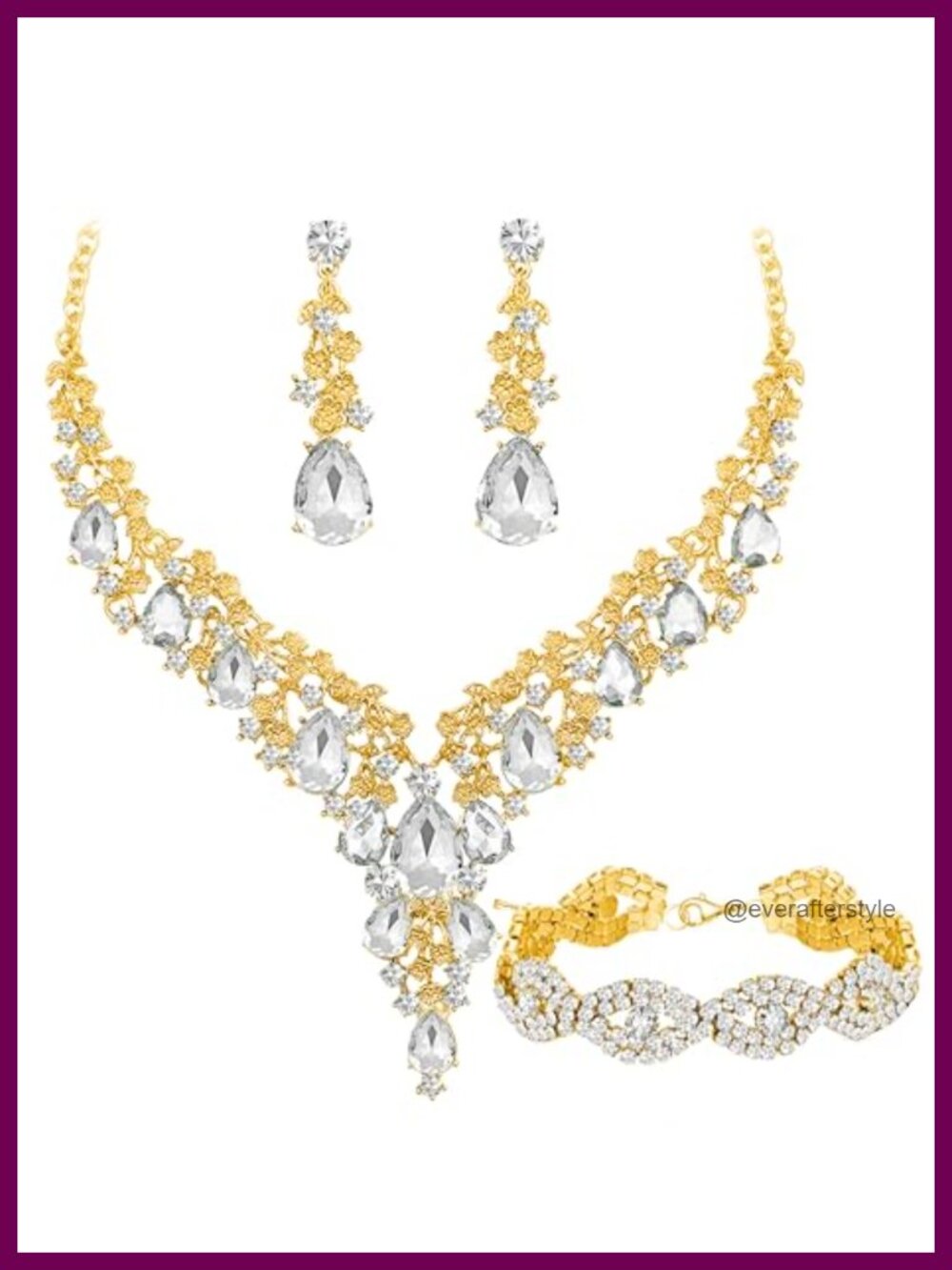 Gold Plated Austrian Crystal Bridal Jewelry Set Necklace Earrings Bracelet